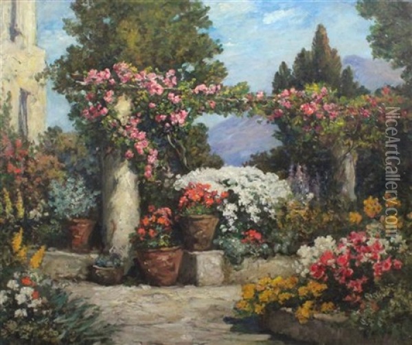 Flowers On A Terrace Oil Painting - Thomas Edwin Mostyn