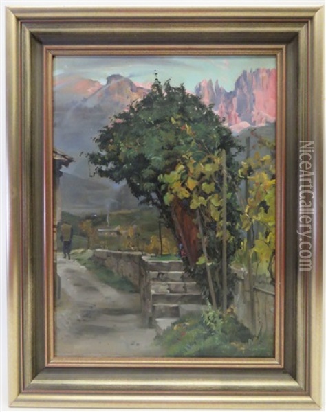 Sudtiroler Weinbauer Auf Dem Heimweg, Im Hintergrund Der Rosengarten Oil Painting - Louis Hofbauer