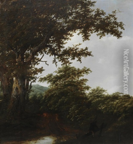 A Wooded River Landscape With A Traveller On The Path Oil Painting - Jacob Van Ruisdael