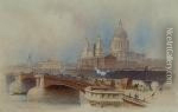 Blackfriars Bridge; Lambeth Palace Oil Painting - Edwin Thomas Dolby