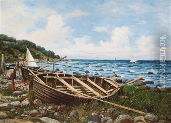 Rowboats On The Shore Near Misdroy On Wolin Oil Painting - Hans Schleich