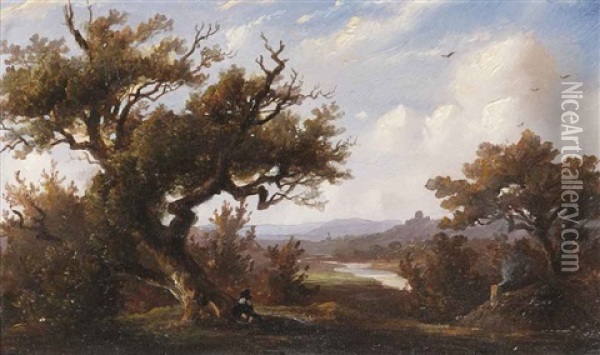 A Figure Resting In The Shade Of A Large Oak Tree Oil Painting - Johannes (Jan) Tavenraat