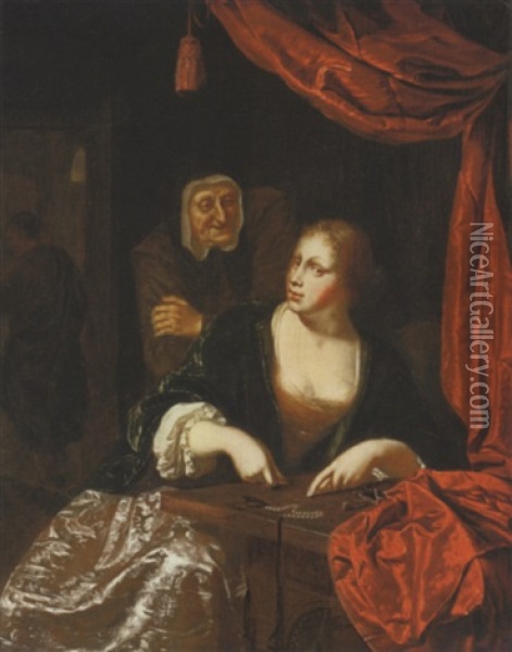Une Courtisane Comptant De L'argent, Une Entremetteuse A L'arriere-plan Oil Painting - Willem van Mieris