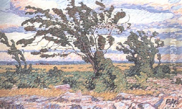 Afton Pa Alvaret - Landskap Med Trad Oil Painting - Nils Kreuger