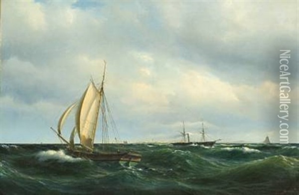 Stormfuld Eftermiddag I Skagerak. En Dansk Jagt Og Forskjellige Skibe Passere Skagen Oil Painting - Vilhelm Melbye