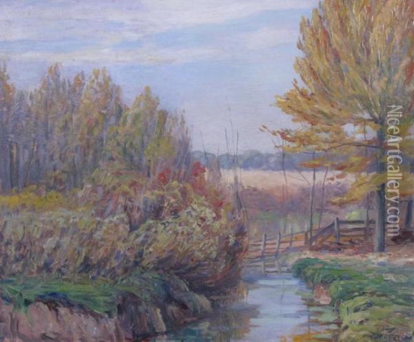 Autumn Landscape With Creek And Fence Oil Painting - Orville Jefferson