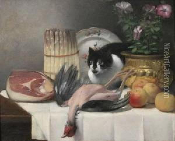Table Top With Cat And Game Oil Painting - Guillaume-Romain Fouace