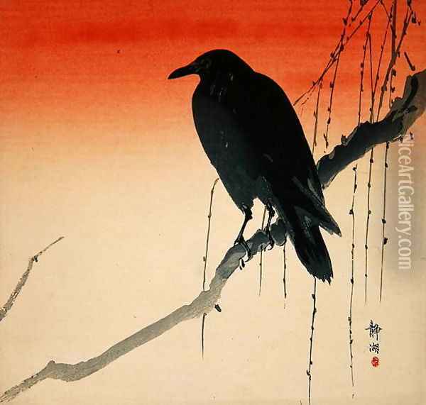 Crow on a Willow Branch, early 1900s Oil Painting - Seiko