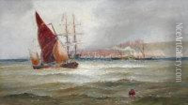 Sailing Boats And Paddle Steamer In A Seascape With Whitby In The Distance Oil Painting - William A. Thornley Or Thornber