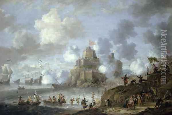 Mediterranean Castle under Siege from the Turks Oil Painting - Jan Peeters