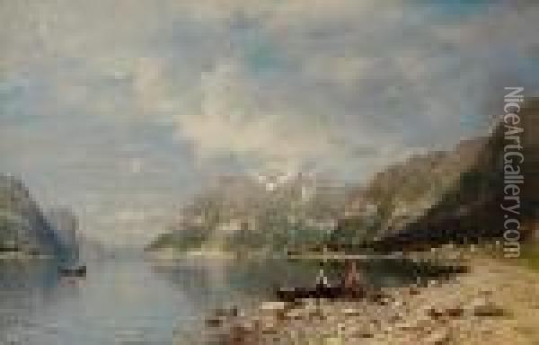 Fjord Landscape Withfishermen 1878 Oil Painting - Adelsteen Normann