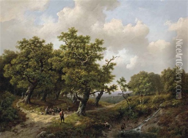A Wooded Landscape With Figures Resting Near A Stream Oil Painting - Marinus Adrianus Koekkoek