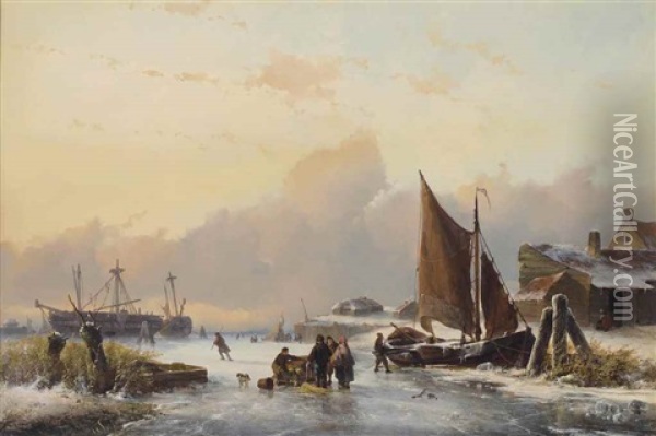 A Winter Day On The Dutch Coast Oil Painting - Johannes Franciscus Hoppenbrouwers
