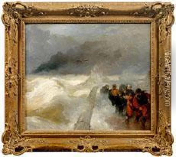 Meeressturm An Einer Mole Mit Fischern Oil Painting - Andreas Achenbach