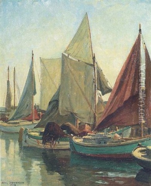 Havneparti Med Talrige Fiskekuttere Oil Painting - Axel Johansen