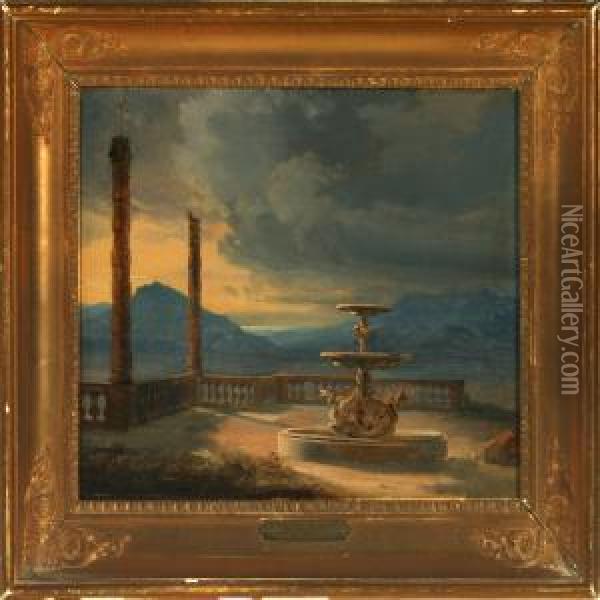 A Fountain On A Terrace With Antique Columns Oil Painting - Thorald Laessoe