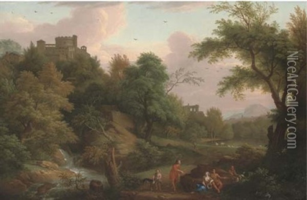 An Italianate Wooded Landscape, With Figures By A Stream And Buildings Beyond Oil Painting - Gaspard Dughet