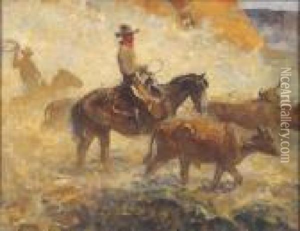Illustration: A Dusty Cattle Drive. Oil Painting - Herbert Morton Stoops