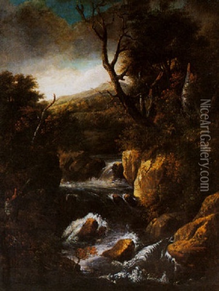 A Wooded Landscape With A Waterfall Oil Painting - Jacob van Ruysdael