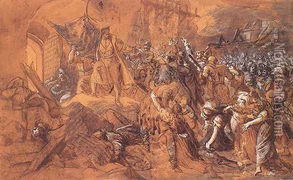 Zrinyis Charge from the Fortress of Szigetvar before 1884 Oil Painting - Bertalan Szekely