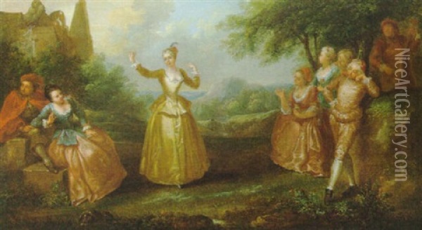 Eine Dame Tanzt Vor Einer Eleganten Gesellschaft Im Freien Oil Painting - Antoine Pesne