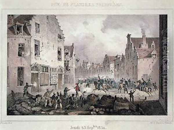 Fighting and Barricades in the Rue de Flandre Brussels Oil Painting - Lauters, Paulus
