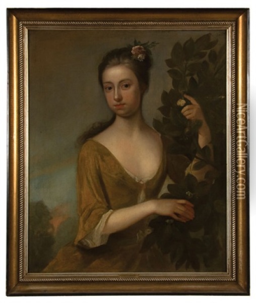 Portrait Of A Lady In A Yellow Dress Holding An Orange Oil Painting - Enoch Seeman