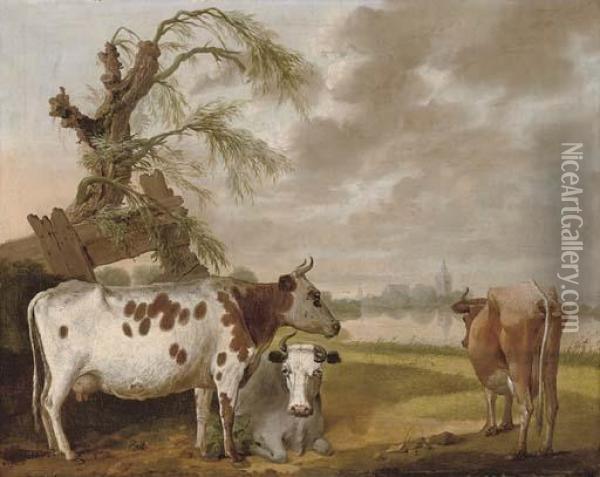 A River Landscape With Cattle Resting By A Pollarded Tree Oil Painting - Jacob Van Stry