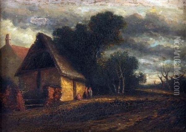 Figures Before A Barn Oil Painting - John Berney Crome