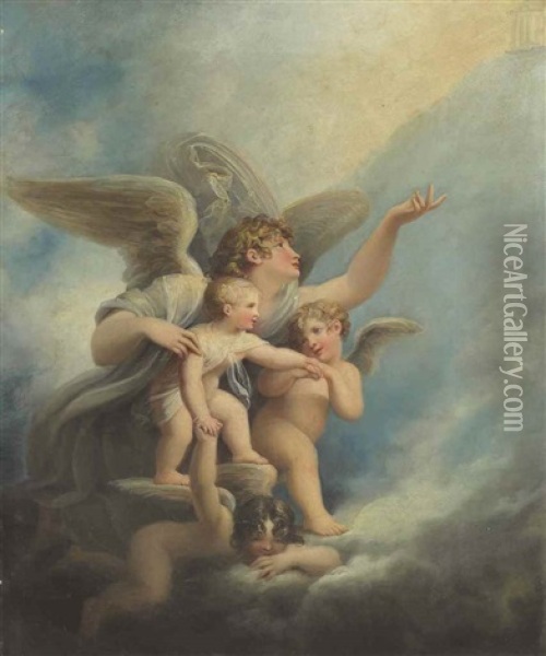 An Angel And Putti Accompanying A Child's Soul To Heaven Oil Painting - Maria Hadfield Cosway