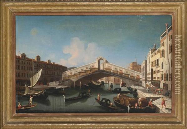 The Rialto Bridge, Venice, From 
The South, With The Fondamenta Del Vin And The Fondamento Del Ferro And 
Numerous Gondolas And Barges On The Grand Canal Oil Painting - (Giovanni Antonio Canal) Canaletto