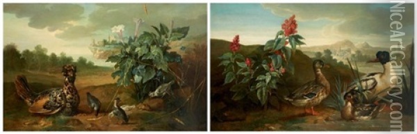 Poule De Houdan Et Ses Petits Dans Un Paysage Et Canard Et Sa Canne Dans Un Paysage (collab. W/studio)(2 Works) Oil Painting - Jean-Baptiste Oudry
