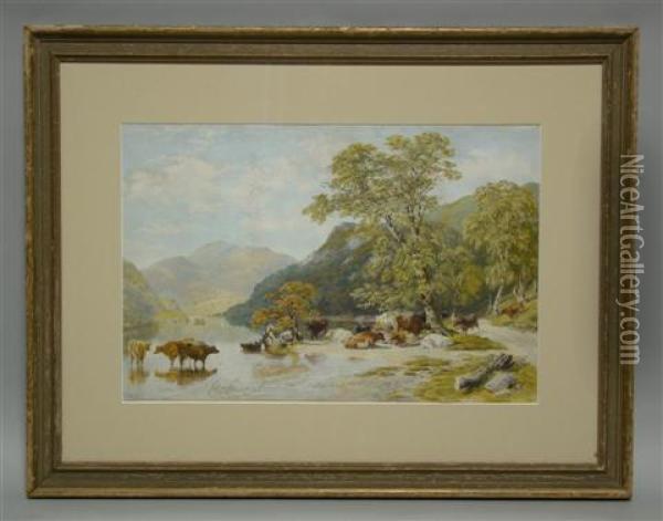 Cattle At The River Bed Oil Painting - Nathaniel Everett Green