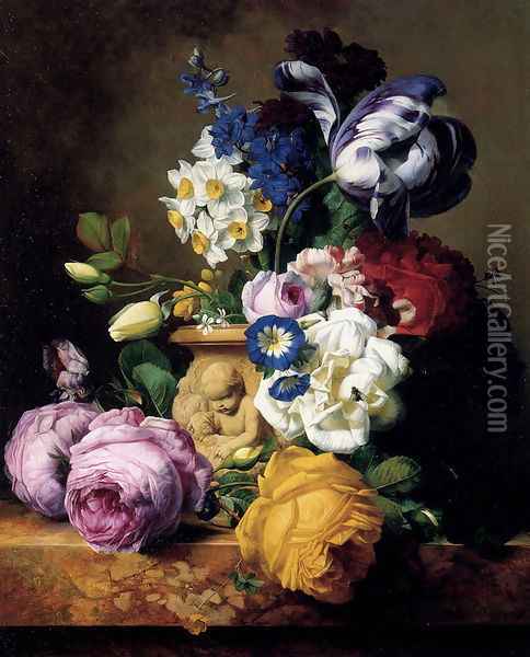 Roses,Tulips, Morning Glory, Delphinium And Primrose Peerless In A Terra Cotta Vase On A Marble Ledge Oil Painting - Charles-Joseph Node