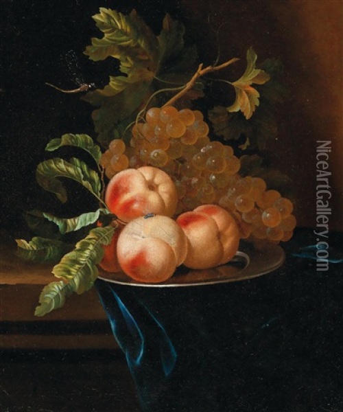 A Pair Of Still Lifes With Peaches And Grapes Oil Painting - Ernst Stuven