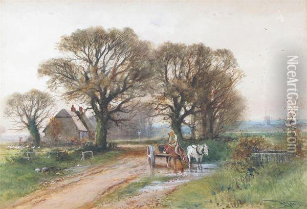 Cattle On A Country Lane; Horse And Cart On A Lane Oil Painting - Henry Charles Fox