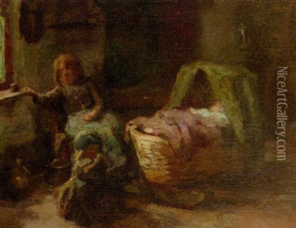 Watching Little Sister Oil Painting - Arthur Henri Christiaan Briet