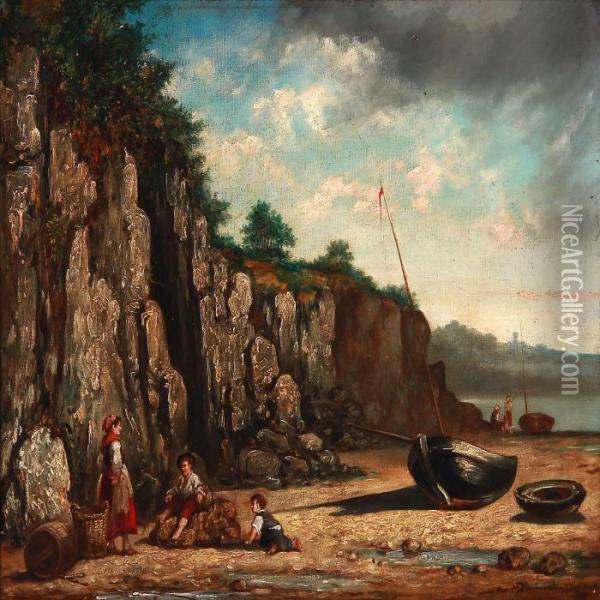 Beach Scene With A Fisher Family And Sailboats Oil Painting - Martin Domicent