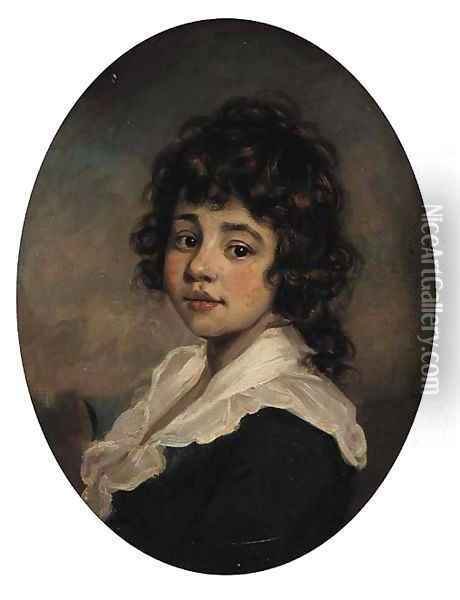 Portrait of a young girl, bust-length, in a green coat with white collar, painted oval Oil Painting - English School