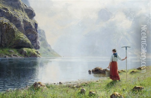 Fjordlandskap Med Flicka Oil Painting - Hans Andreas Dahl