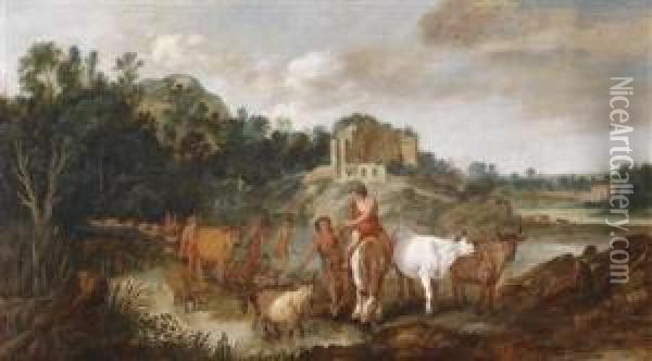 Landscape With Shepherds By A River With Ruins Oil Painting - Moyses or Moses Matheusz. van Uyttenbroeck
