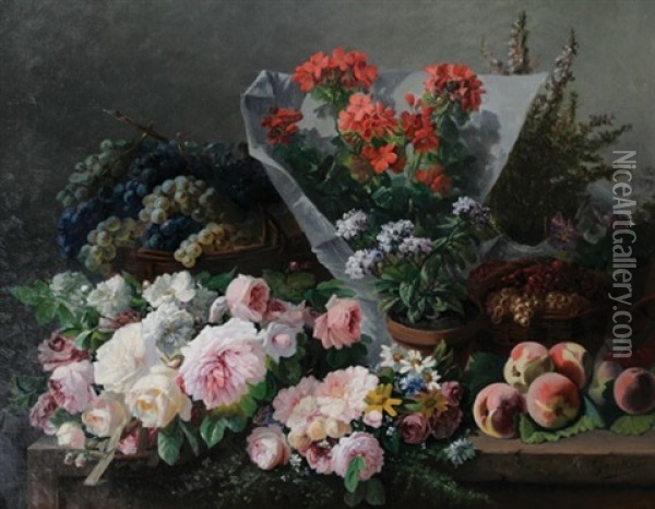 Still Life Of Flowers And Fruit Oil Painting - Clement Gontier