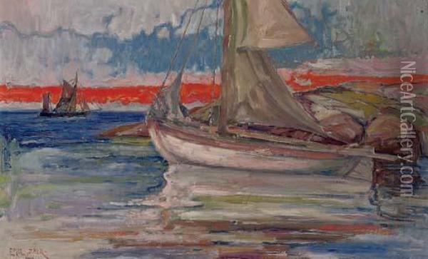 A Sailing Boat Moored In A Quiet Inlet Oil Painting - Emil Zoir