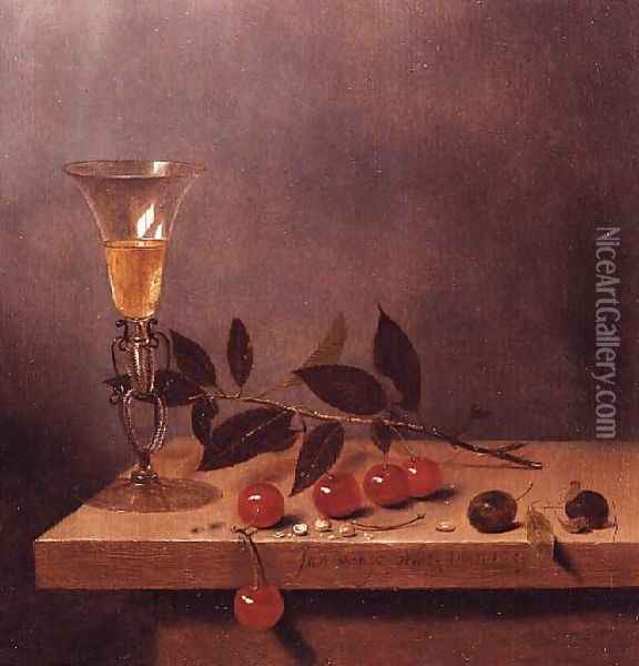 Facon de Venise Wine Glass and Cherries on a Ledge Oil Painting - Jan III van de Velde