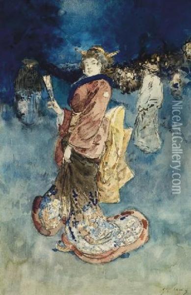 Une Femme En Kimono Tenant Un Eventail Oil Painting - Henry Somm