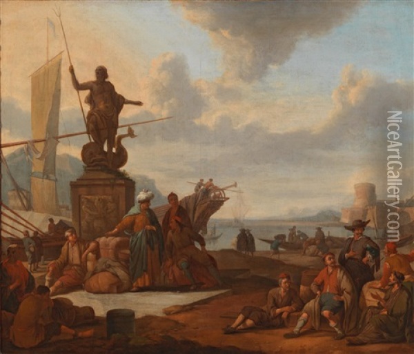A Scene Set In A Southern Seaport Oil Painting - Johannes Lingelbach