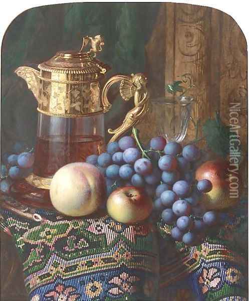 Still life of apples, a peach, grapes, a ewer and a glass, on a draped table Oil Painting - Charles H. Slater