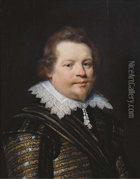 Portrait Of A Gentleman In A Black And Gold Embroidered Costume With White Lace Collar Oil Painting - Jan Anthonisz Van Ravesteyn