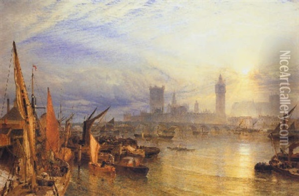 The New Houses Of Parliament, Westminster Oil Painting - Henry Dawson