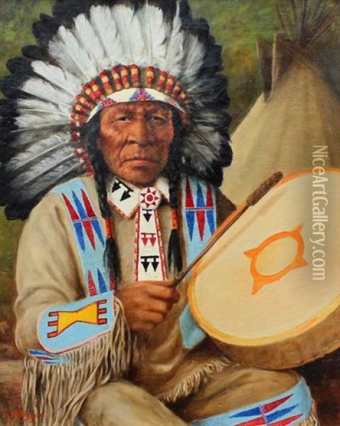 Chief Jumping Bear (matore Tchanka, Sioux) Oil Painting - Henry Metzger